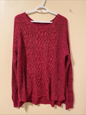 Women's Cable Knit Crewneck Sweater in fire Red. Raglan sleeve. PTP: >23"
